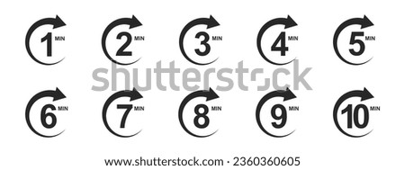 1, 2, 3, 4, 5, 6, 7, 8, 9, 10 minutes icons with circle arrows. Stopwatch symbols. Countdown signs. Sports or cooking timers. Delivery, deadline, duration pictograms. Vector graphic illustration