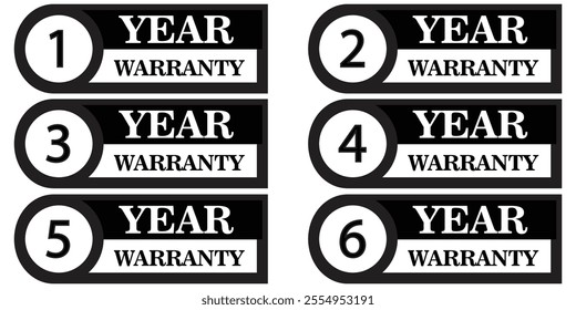 1, 2, 3, ,4 and 5-year Warranty sign collection for product quality assurance. Minimalist style, simple design. Warranty label or seal flat icon in black and white. EPS Vector