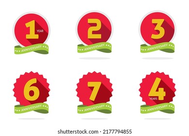 1, 2, 3, 4, 6 And 7 Year Anniversary Number Logo Vector Flat Red Green Yellow Color Icon, Celebrating Of Birthday Jubilee Modern Labels Set Ribbon Or Congratulation Date Logotype Graphic Circle Round