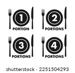 1 2 3 4 portions, food meal package. Fork and knife. Vector stock illustration.
