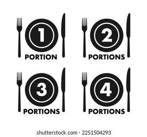 1 2 3 4 portions, food meal package. Fork and knife. Vector stock illustration.