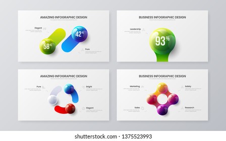 1, 2, 3, 4 step marketing analytics presentation vector illustration template bundle. Business data visualization design collection layout. Colorful 3D balls corporate statistics infographic set.