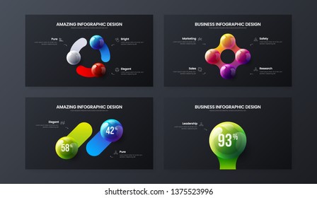 1, 2, 3, 4 step marketing analytics presentation vector illustration template bundle. Business data visualization design collection layout. Colorful 3D balls corporate statistics infographic set.