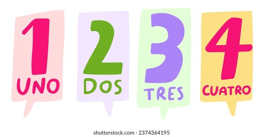 1, 2, 3, 4. Uno, dos, tres, cuatro. It's one, two, three, four in Spanish language. Education concept for children. Learn new language. Vector illustration design.