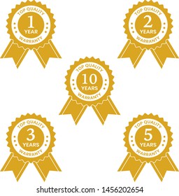 1, 2, 3, 5, 10 years warranty label or seal flat vector icon gold on transparent background