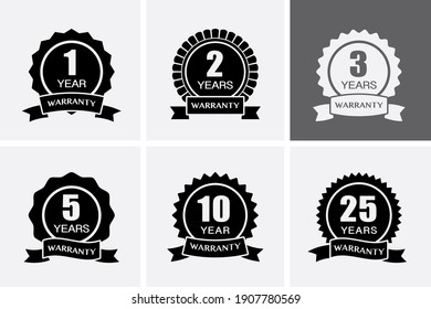 1, 2, 3, 5, 10 and 25 years Warranty Icons. Guarantee Medal. Vector illustration