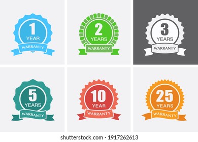 1, 2, 3, 5, 10 and 25 years Warranty Icons. Guarantee Medal. Vector illustration