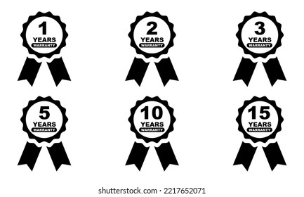 1, 2, 3, 5, 10, 15 years lifetime warranty vector icons set. Guarantee badge for product. Service guarantee labels.