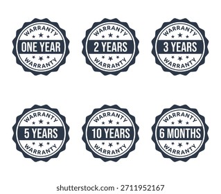 Conjunto de ícones de garantia de 1, 2, 3, 5, 10 anos, etiqueta de garantia de 6 meses