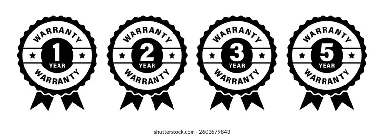 1, 2, 3, 5 year warranty logo vector with ribbon and stars black and white color for product assurance coverage quality trust.