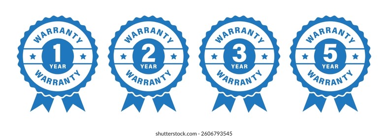 1, 2, 3 and 5 year warranty logo set with stars and ribbon in blue color vector illustration.