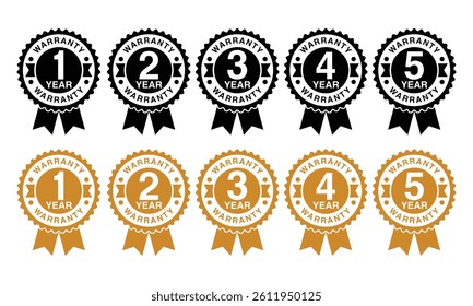 1, 2, 3, 5 year warranty logo vector with ribbon and stars black and gold color for product assurance coverage quality trust.