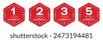 1, 2, 3 and 5 years warranty in hexagon in red color vector product quality sticker. Warranty sticker set in hexagon unique style.