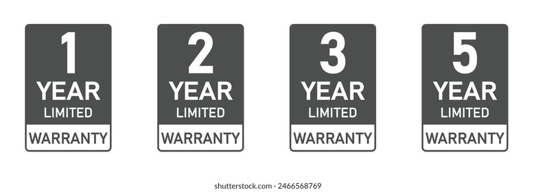 1, 2, 3, and 5 years warranty stamps for product quality assurance in grey color. Set of warranty label stickers in black and white color. 1, 2, 3, and 5 years warranty labels or seal flat icon set.