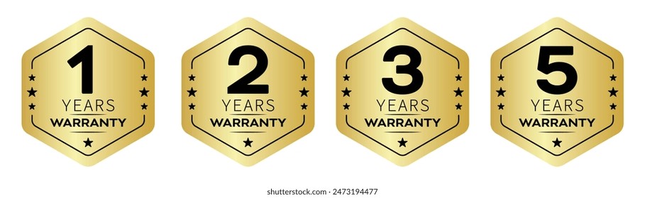 1, 2, 3 and 5 years warranty in hexagon in golden color vector product quality sticker. Warranty sticker set in hexagon unique style.