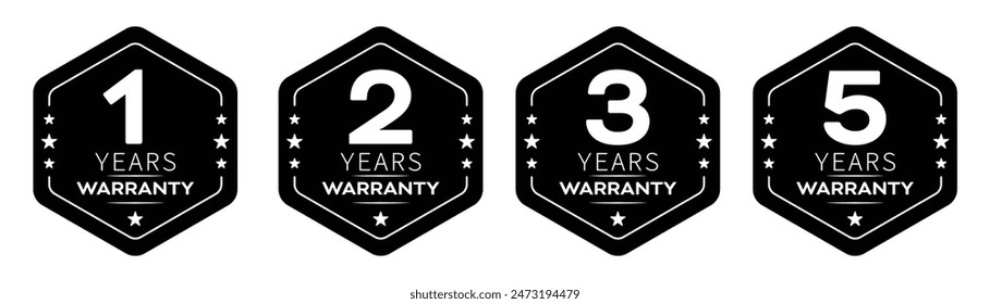 1, 2, 3 and 5 years warranty in hexagon in black color vector product quality sticker. Warranty sticker set in hexagon unique style.