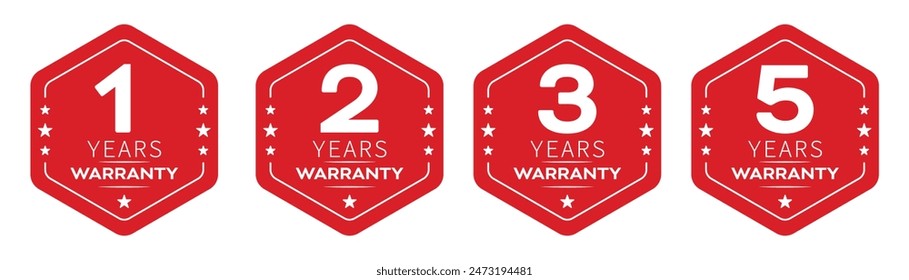 1, 2, 3 and 5 years warranty in hexagon in red color vector product quality sticker. Warranty sticker set in hexagon unique style.