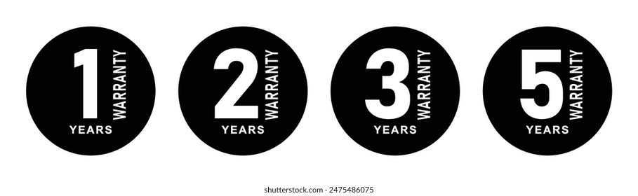 1, 2, 3 and 5 years warranty in circle in black color vector product quality sticker. Warranty sticker set for product quality assurance use. Vector illustration.