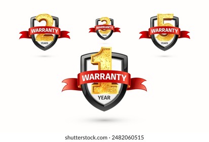 1 2 3 5 years warranty isolated labels vector illustration. 3d one two three five years guarantee insurance badges on light background. Warranty service security products. Golden numbers set with red 