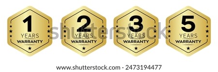 1, 2, 3 and 5 years warranty in hexagon in golden color vector product quality sticker. Warranty sticker set in hexagon unique style.