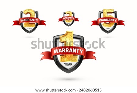 1 2 3 5 years warranty isolated labels vector illustration. 3d one two three five years guarantee insurance badges on light background. Warranty service security products. Golden numbers set with red 