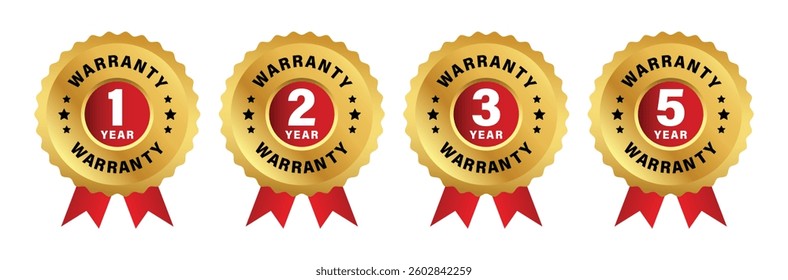 1, 2, 3, and 5-year warranty logo set with red a ribbon and stars in golden vector illustration. One, two, three, and five-year warranty labels. Warranty logo set with zigzag circle and red ribbon.