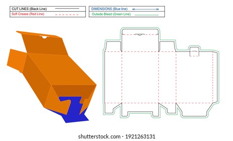 1 2 3 Bottom lock and Tuck Top with secure lid box dieline template and 3D render box