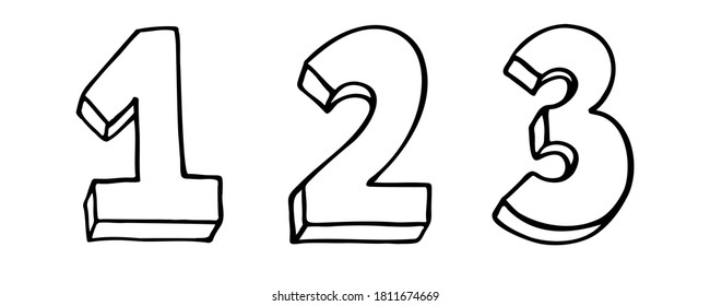 1 2 3 Números establecidos. Número de signo, Concepto de éxito del ganador. Doodle vectorial de mano ahogado uno dos tres aislados en fondo blanco. Grabado de contorno negro. Juego de insignias 1-2-3.