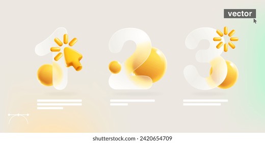 1, 2, 3 Schritt Infografiken im Glassmorphismus Stil mit realistischen 3D Cursor und Sphären. Transparente Plastikzahlendiagrammvorlage. Überlagerungseffekt für Pfeilsymbol-Symbole Vektorgrafik im Cartographie-Stil