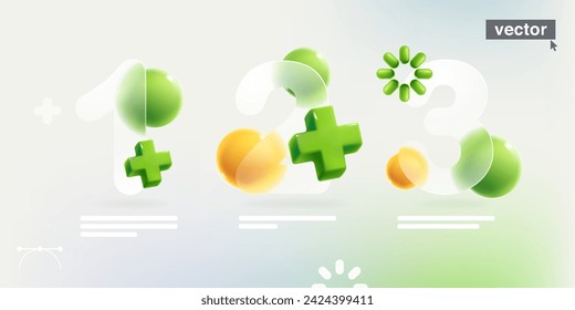 1, 2, 3 step infographics in glassmorphism style with realistic 3D green add, plus, medical cross, loading icon, spheres. Transparent plastic numbers chart template.Vector cartoon style illustration.