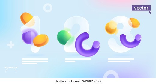 1, 2, 3 step infographics in glassmorphism style with realistic 3D loading indicator in volume semicircle line, flying golden coins and spheres. Transparent plastic numbers chart template.