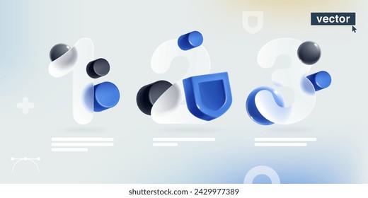 1, 2, 3 step infographics in glassmorphism style with realistic 3D blue security shield and spheres. Transparent plastic numbers chart template. Vector for antivirus app, privacy banner, online safety