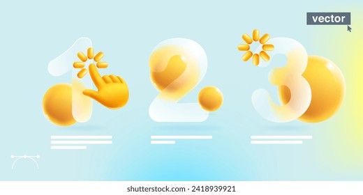 1, 2, 3 Stufen Infografiken im Glassmorphismus-Stil mit realistischem 3D-Hand-Form-Cursor, laden Icon und Sphären. Transparente Plastikzahlendiagrammvorlage. Vektorsymbol-Überlagerungseffekt.