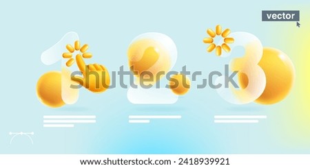 1, 2, 3 steps infographics in glassmorphism style with realistic 3D computer hand shape cursor, loading icon and spheres. Transparent plastic numbers chart template. Vector icon glass overlay effect.