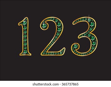 1, 2 and 3 in stunning emerald precious round jewels set into a 2-level gold gradient channel setting, isolated on black. Vector EPS-10 file, transparency used. 