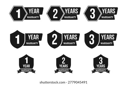 1, 2, and 3 Year Warranty Badge Set, Black Shield and Hexagon Quality Guarantee Labels, Professional Product Assurance and Customer Protection Seals Vector Illustration