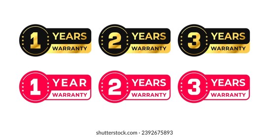 1, 2, 3 Years Warranty label with gold color. One, two, three, red warranty badge. for icon, logo, symbol, sign, label, sticker,  stamp, banner, tag, text, badge, emblem, seal. Vector illustration