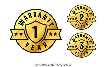 1, 2, 3 years warranty. Shield, stars, ribbon circle gold label. For icon, logo, seal, tag, sign, symbol, badge, stamp, sticker, etc. Vector