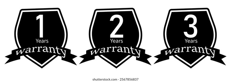 : 1, 2, and 3 years. warranty in hexagon in black color . Warranty sticker set in hexagon unique style.