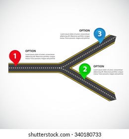 1 to 2 horizontal diverging roads with arrows, bright map pointers and text fields - Vector infographics
