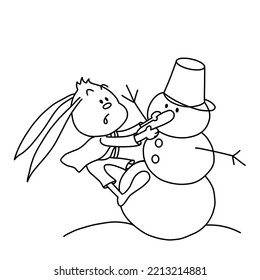 1 - 25  Cute bunny pulls out carrot from the snowman. Christmas, New Year and Easter contour vector illustration for banner, cards and product design. Collection of rabbits in cartoon style. Fun
