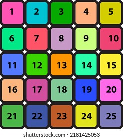 gráfico de números de 1 a 25, tablero educativo, concepto de aprendizaje infantil, ilustración vectorial