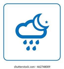 1 of 25 signs forecast weather. Cloud, rain and moon icon. Web cartoon sign, isolated on white background. Symbol of night. Meteorology information. Blue silhouette. Flat design. Vector illustration