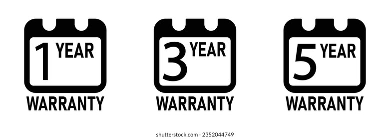 1-, 3- and 5-years warranty label seal or stamp flat icon set in black color for box packaging. Product warranty label icon set for warranty stickers of 1, 3 and 5 years vector illustration in black.
