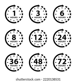 1, 3, 6, 8, 12, 24, 36, 48, 72 hours time arrow. Work time symbol isolated on white background. Delivery and service time icon.