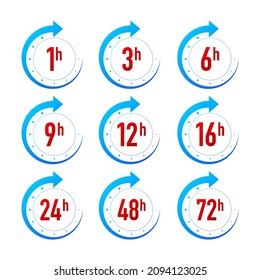 1, 3, 6, 9, 12, 16, 24, 48 and 72 hours clock arrow on white background. Work time effect or delivery service time icons. Vector illustration.