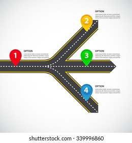 1 to 3 horizontal diverging roads with arrows, bright map pointers and text fields - Vector infographics