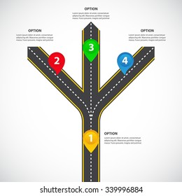 1 to 3 vertical diverging roads with arrows, bright map pointers and text fields - Vector infographics