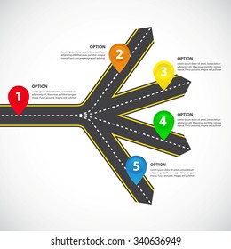 1 to 4 horizontal diverging roads with arrows  - Vector infographic template, bright map pointers and text fields 