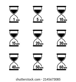 Icono vector 1, 5, 10, 15, 20, 30, 40, 50, 60 minutos, símbolo cronómetro, sandglass. Ilustración aislada con temporizador.